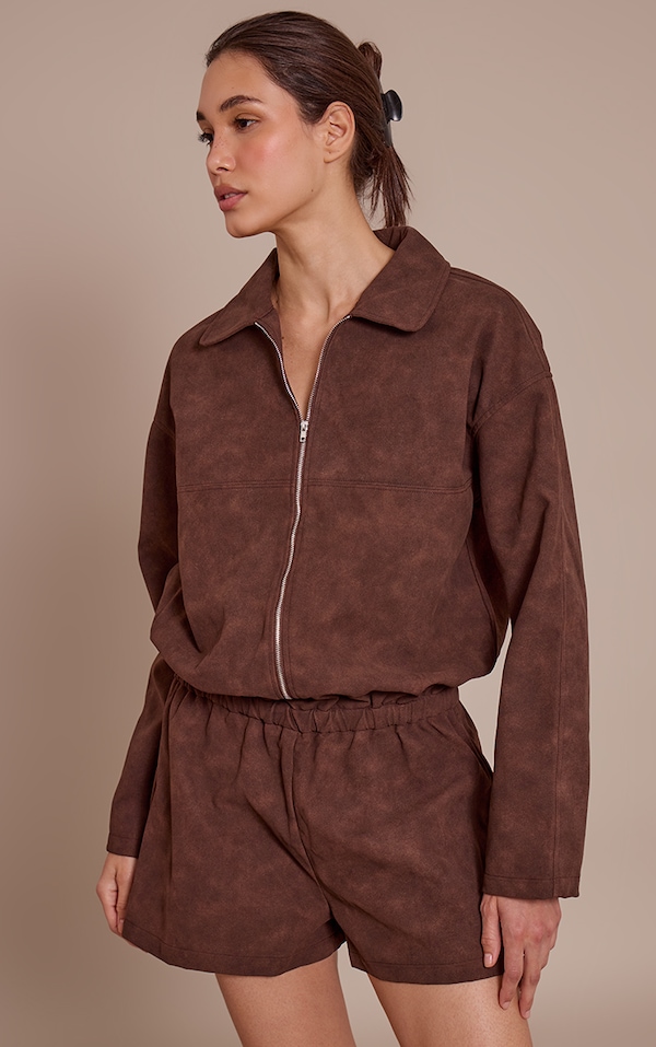 Chocolate Faux Suede Zip Up Romper