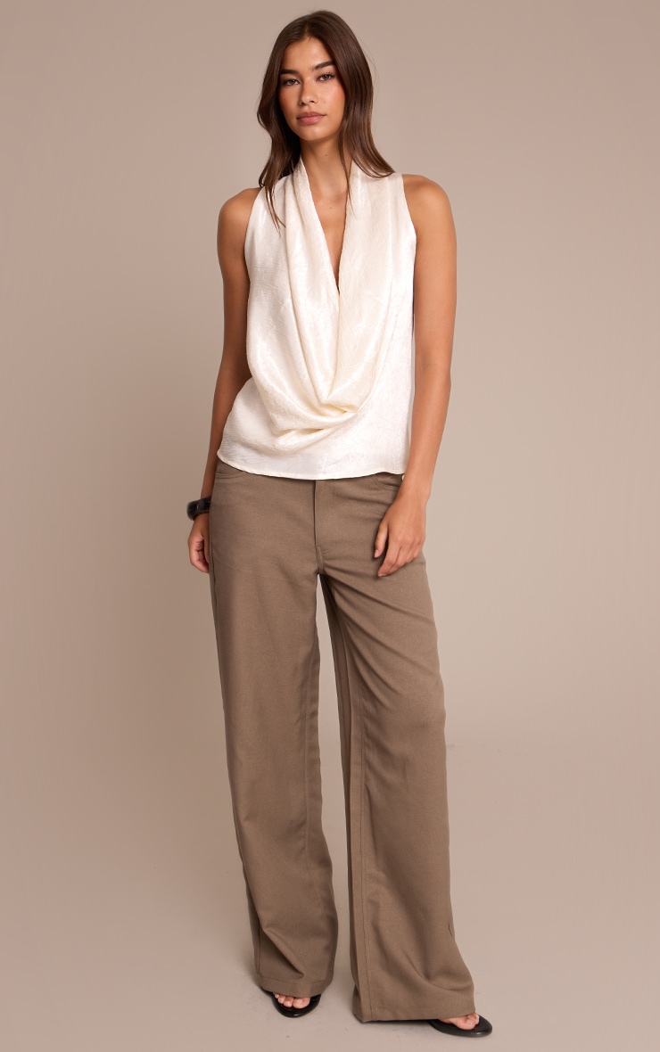 Cream Textured Satin Cowl Neck Detail Long Top image 3