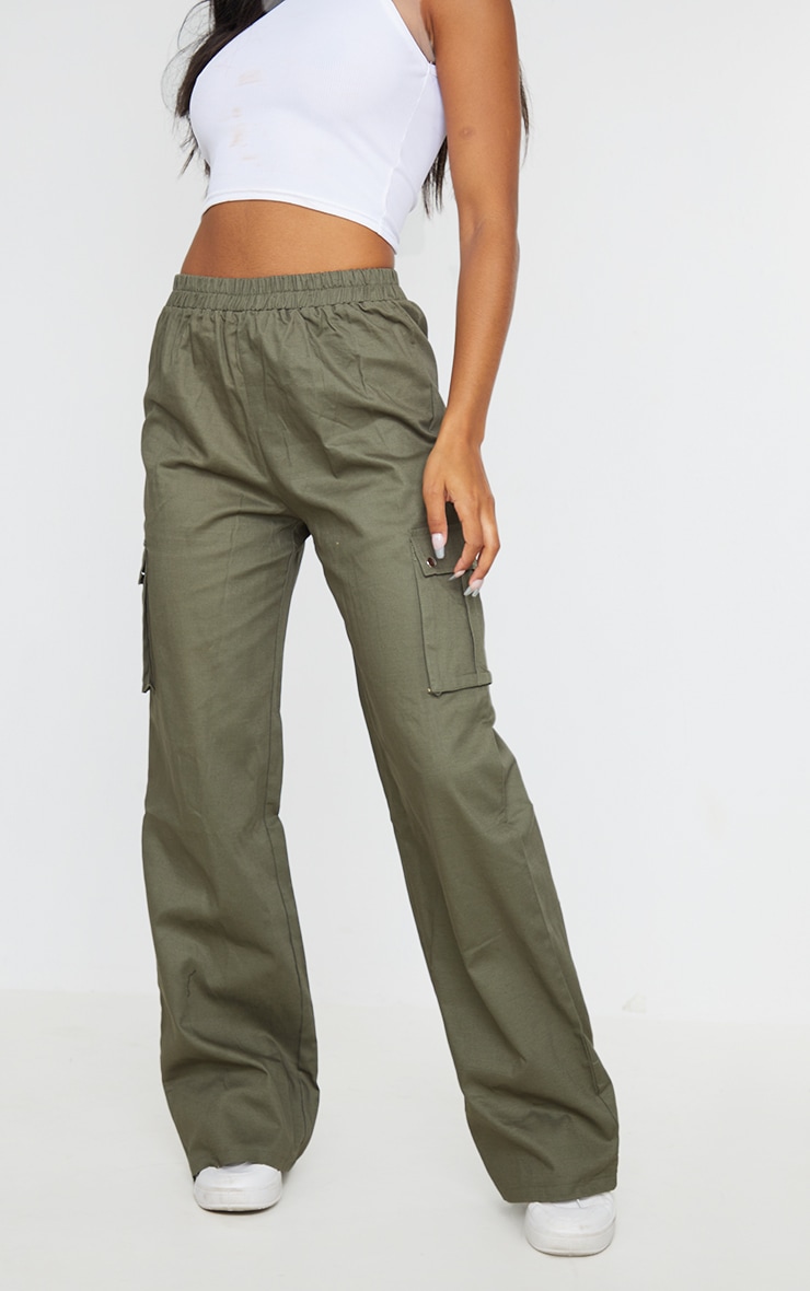 Khaki Wide Leg High Waisted Cargo Pants image 2