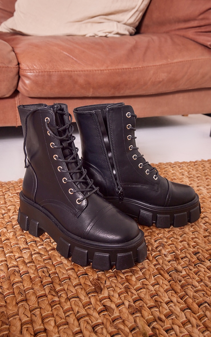 Black Lace Up Extreme Cleated Sole Combat Boots image 3