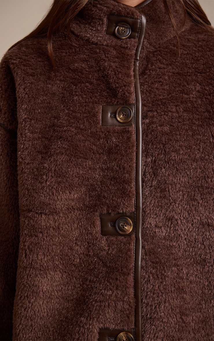 Chocolate Borg Faux Leather Contrast Coat image 4