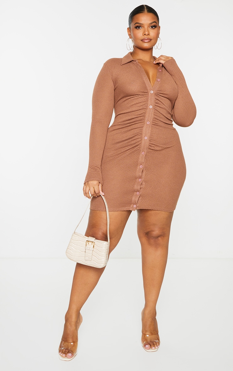 Plus Brown Waffle Textured Shirt Dress image 1