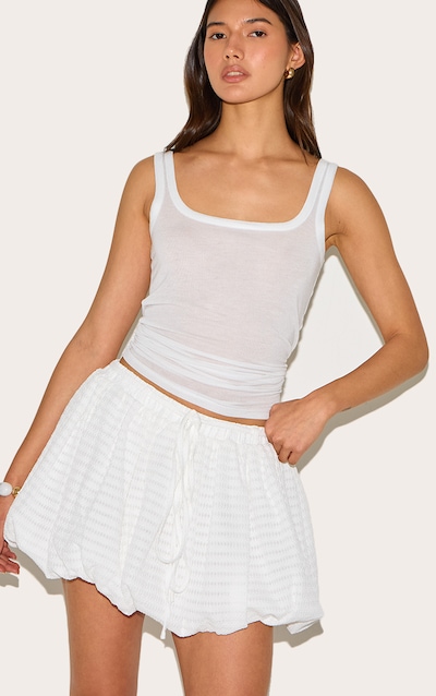 White Textured Tie Waist Detail Puffball Mini Skirt