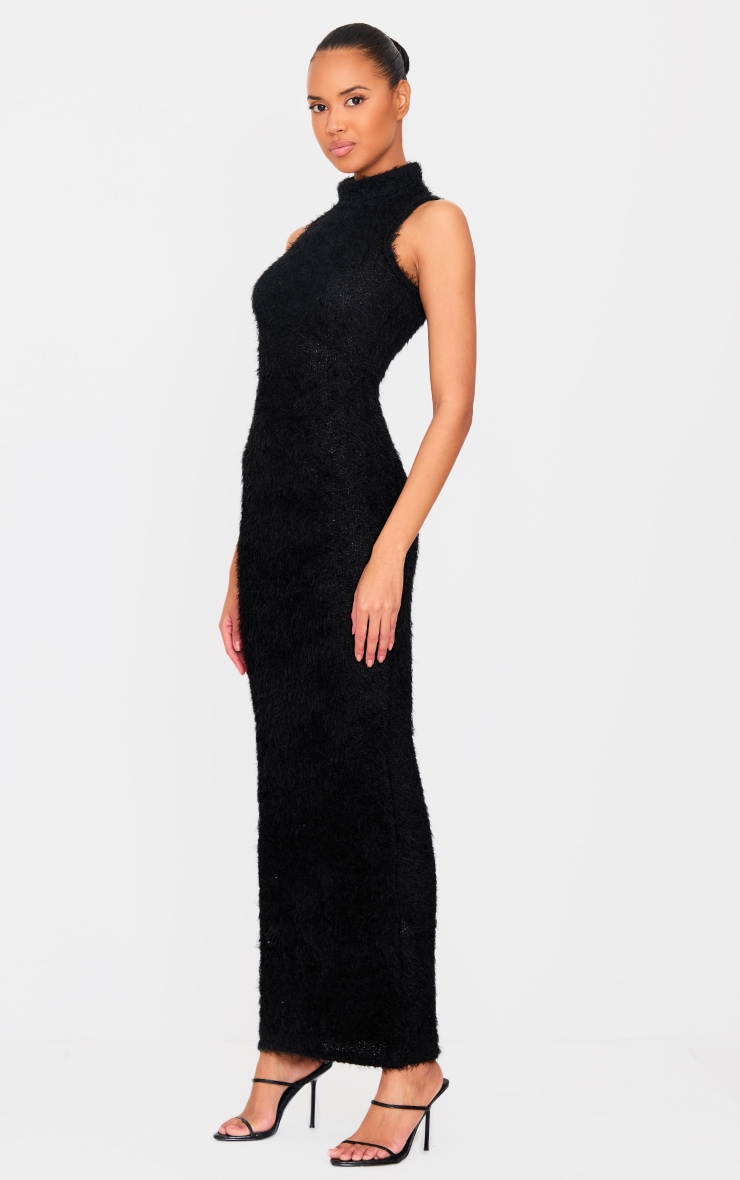 Black Fluffy High Neck Maxi Dress image 3