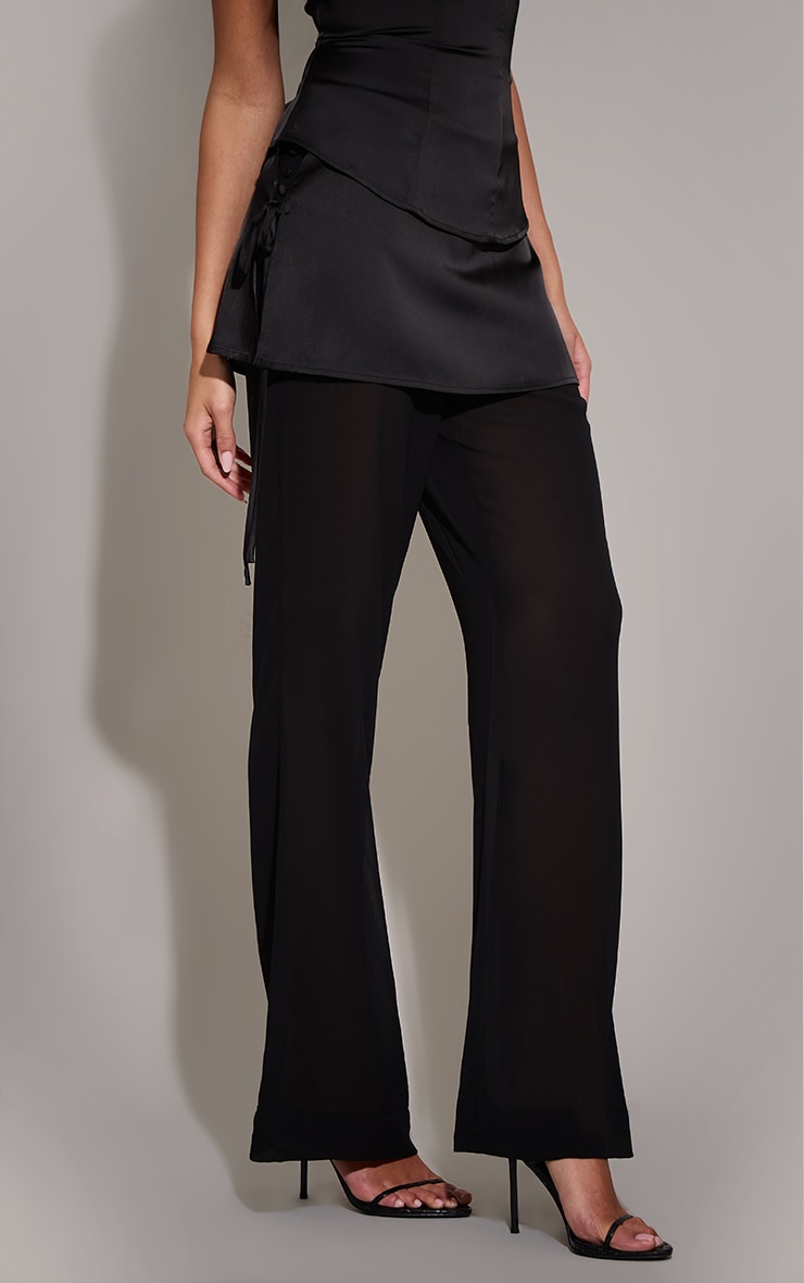 Black Satin Chiffon Overlay Wide Leg Trousers image 2