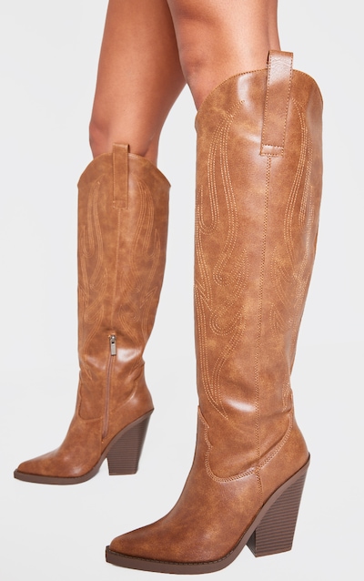 Tan Distressed PU Point Toe Knee High Block Heel Western Boots