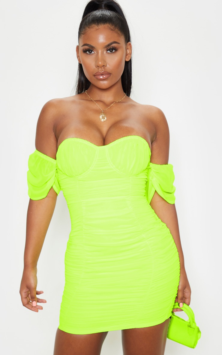 Neon Lime Chiffon Ruched Cup Detail Bodycon Dress
