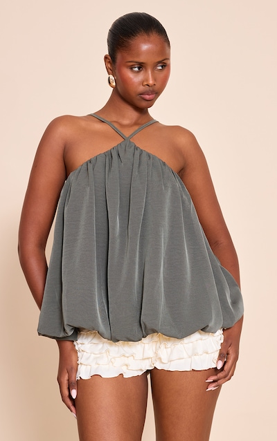 Dark Khaki Chiffon Halter Neck Puff Ball Top