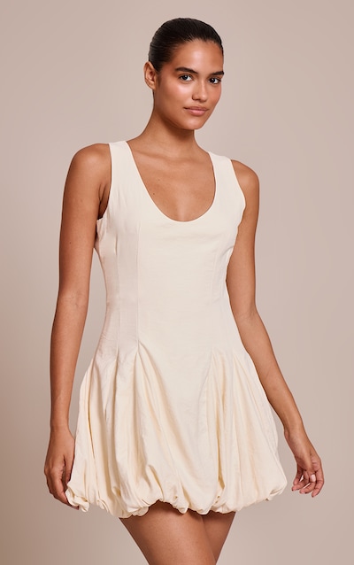 Cream Textured Scoop Neck Puffball Dress