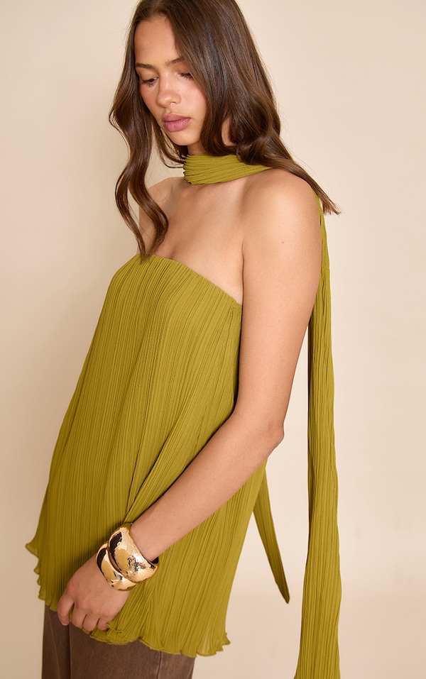 Top bustier long en mousseline de soie vert olive à foulard