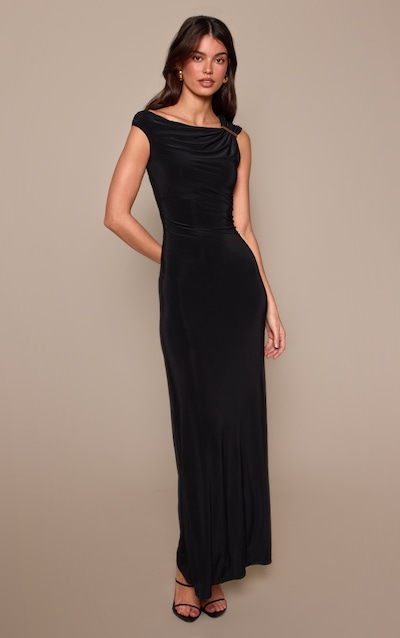 Black Slinky Trim Detail One Shoulder Maxi Dress