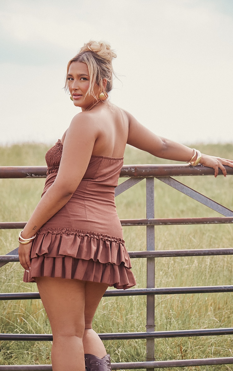 Plus Dark Brown Linen Look Corset Ruffle Detail Micro Mini Bodycon Dress image 2