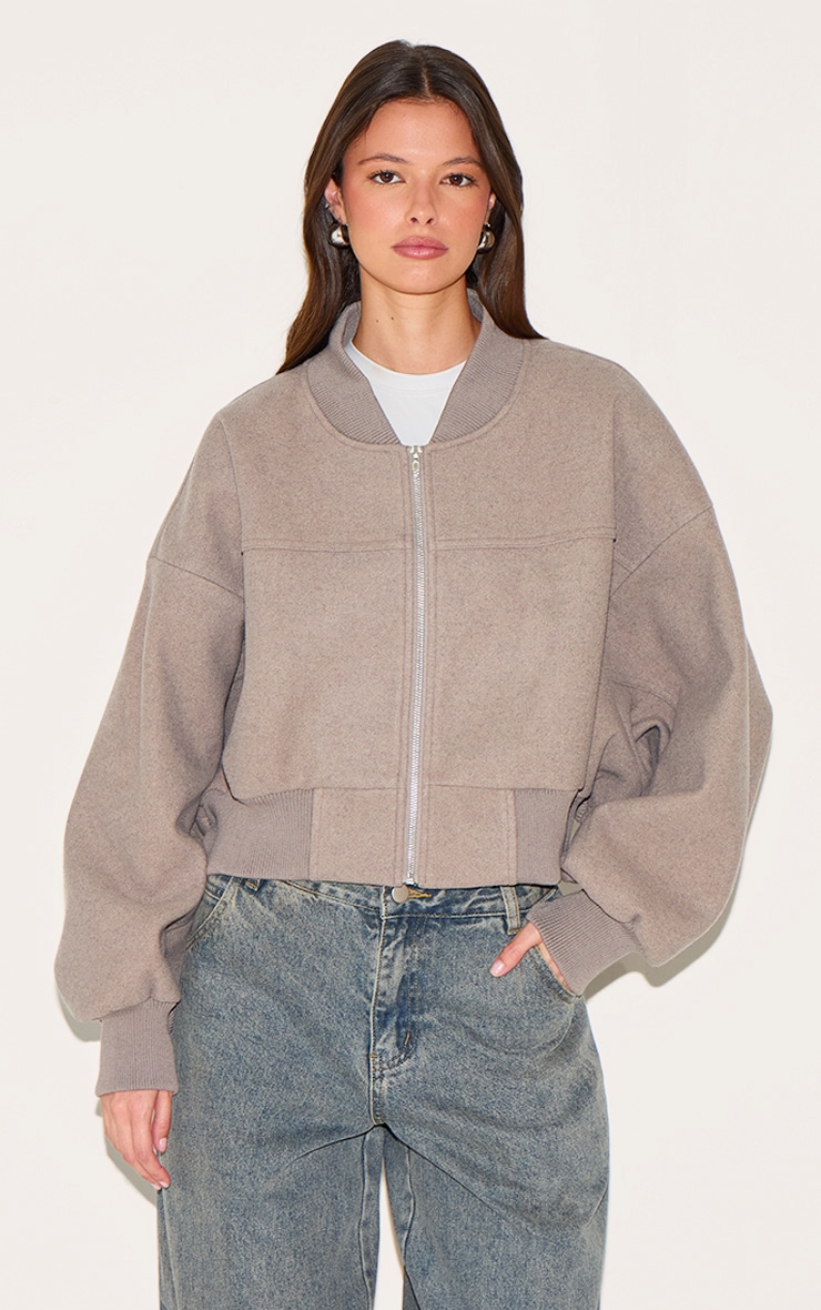 Taupe Ruched Sleeve Cropped Bomber Jacket image 1