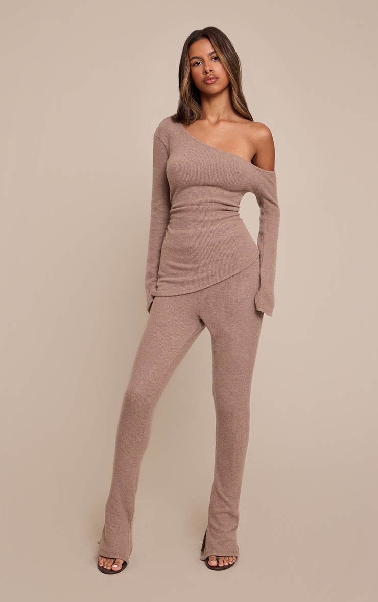 Petite Taupe Ribbed Flare Pants image 1