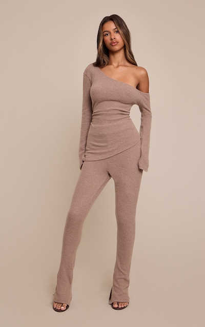 Petite Taupe Ribbed Flare Trousers