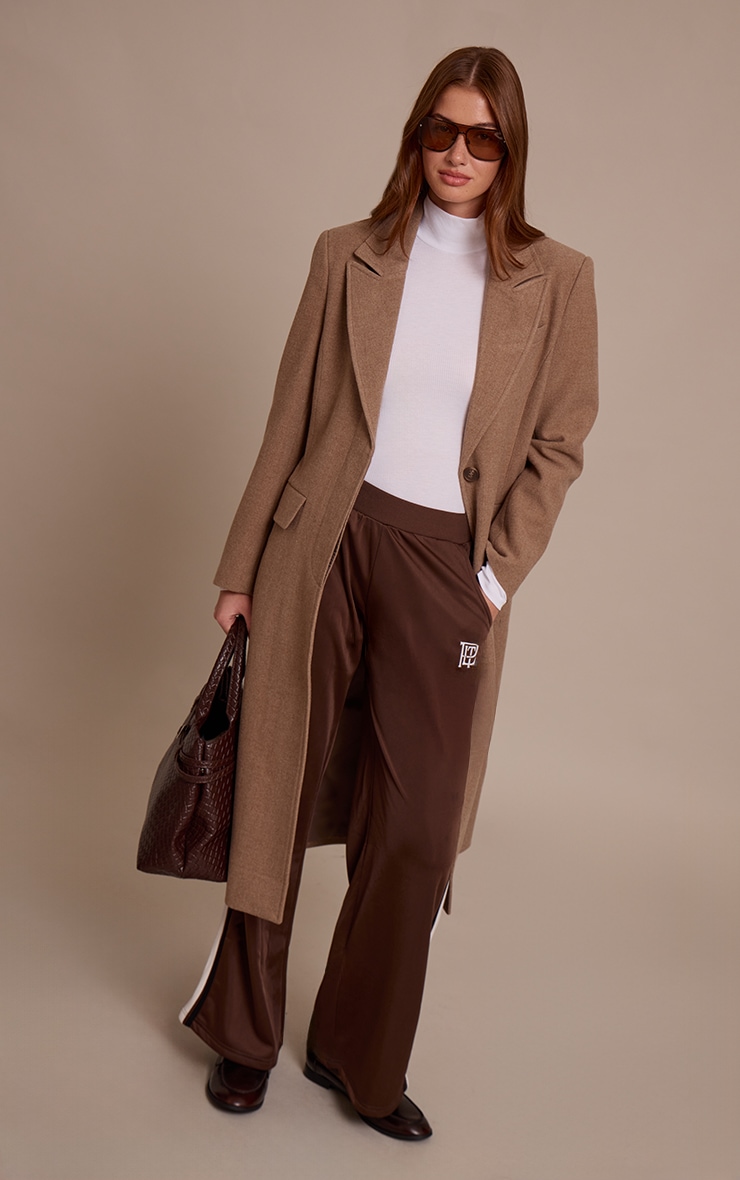 Taupe Single Breasted Seam Detail Wool Look Maxi Coat image 3