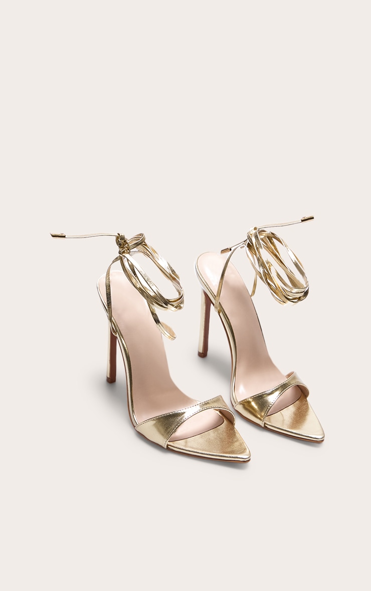 Gold PU Point Toe High Heeled Lace Up Sandals image 2