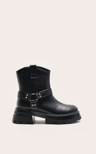 Black Wide Fit Cleated Sole Buckle Ring Detail Ankle Boots