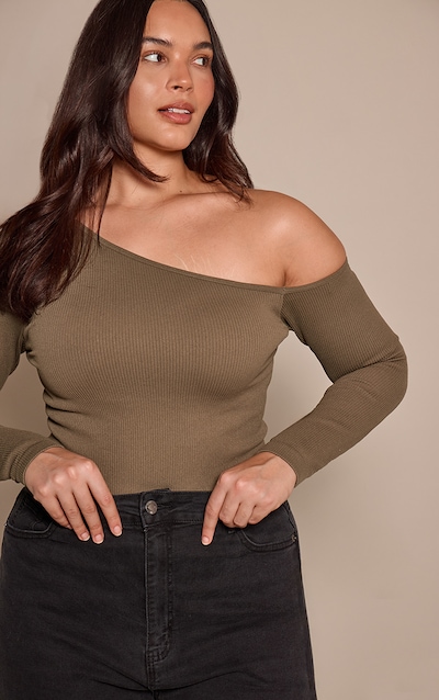 Plus Olive Contour Rib Asymmetric Long Sleeve Bodysuit