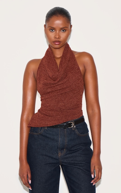 Brown Textured Cowl Neck Backless Long Top