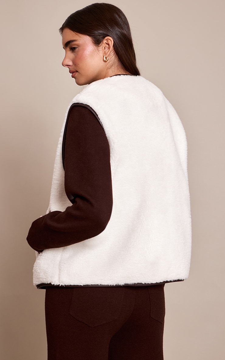 Cream Borg Faux Leather Trim Gilet image 2