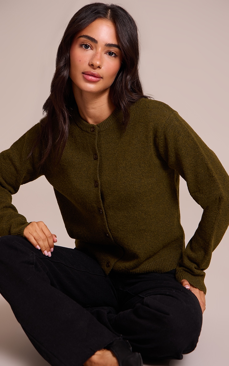 Petite Khaki Knit Button Through Cardigan image 1
