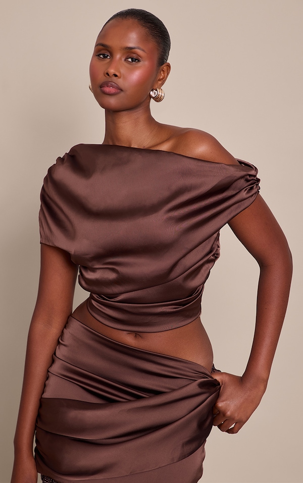 Chocolate Brown Satin One Shoulder Draped Top