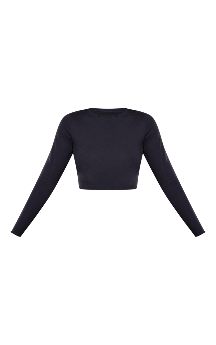 Black Cotton Lettuce Hem Long Sleeve Crop Top image 5