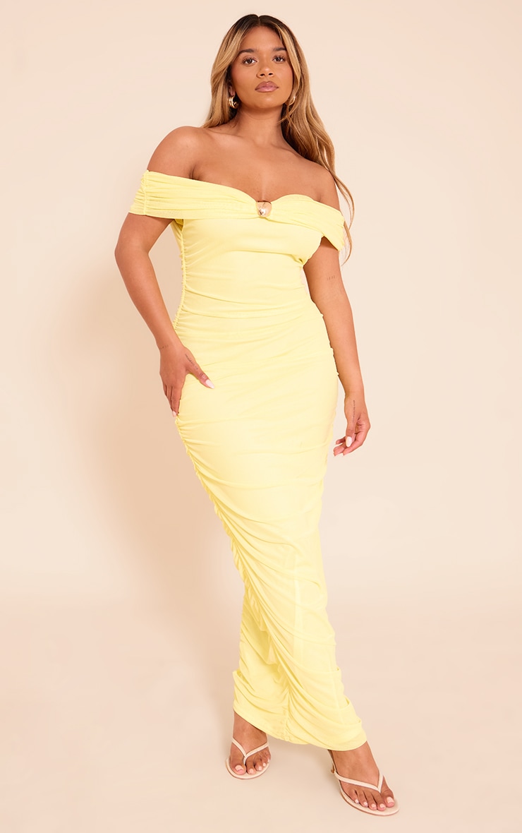 Shape Butter Yellow Mesh Bardot Gold Trim Ruched Maxi Dress image 1