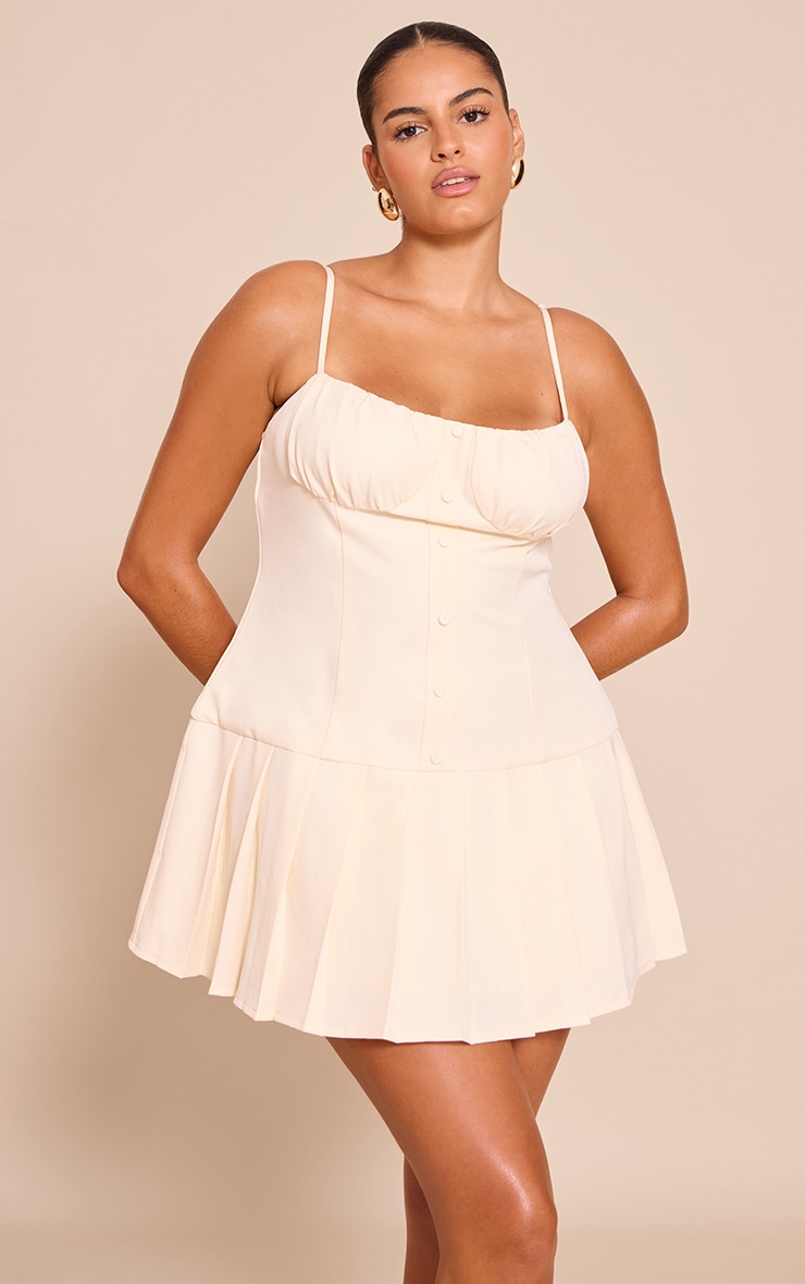 Plus Butter Cream Woven Button Down Detail Pleated Shift Dress image 1