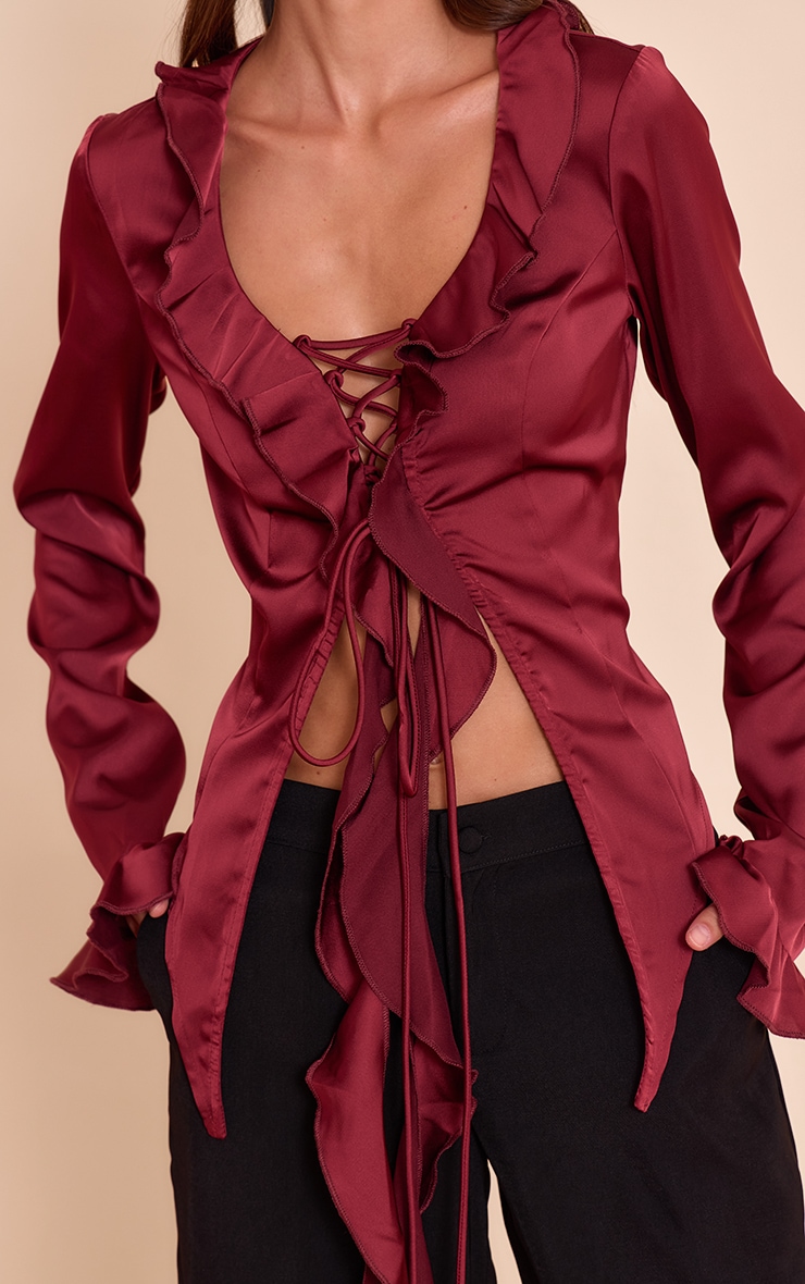 Dark Wine Satin Frill Tie Front Long Sleeve Top image 4