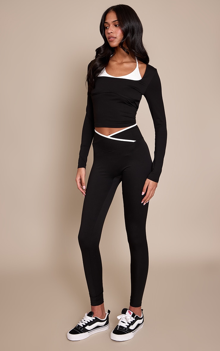 Tall Black Sculpt Contrast Piping Wrap Waist Gym Leggings image 2