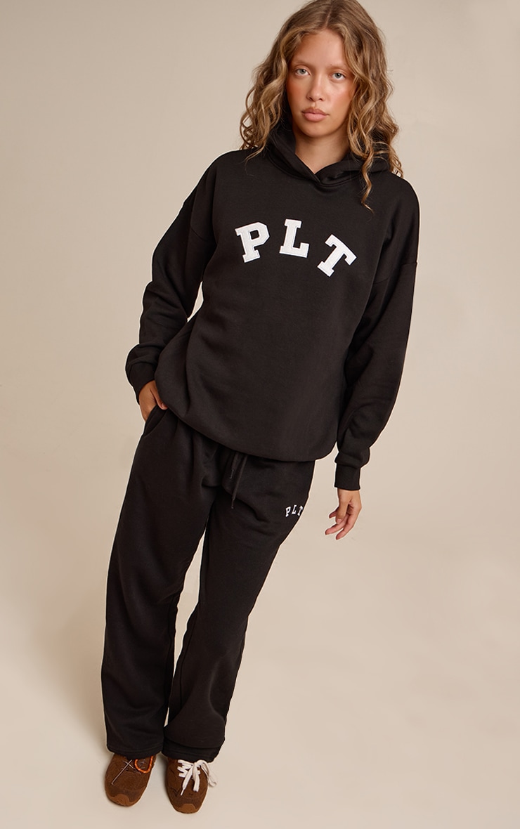PLT Black Contrasting Print Logo Oversized Hoodie | Athleisure