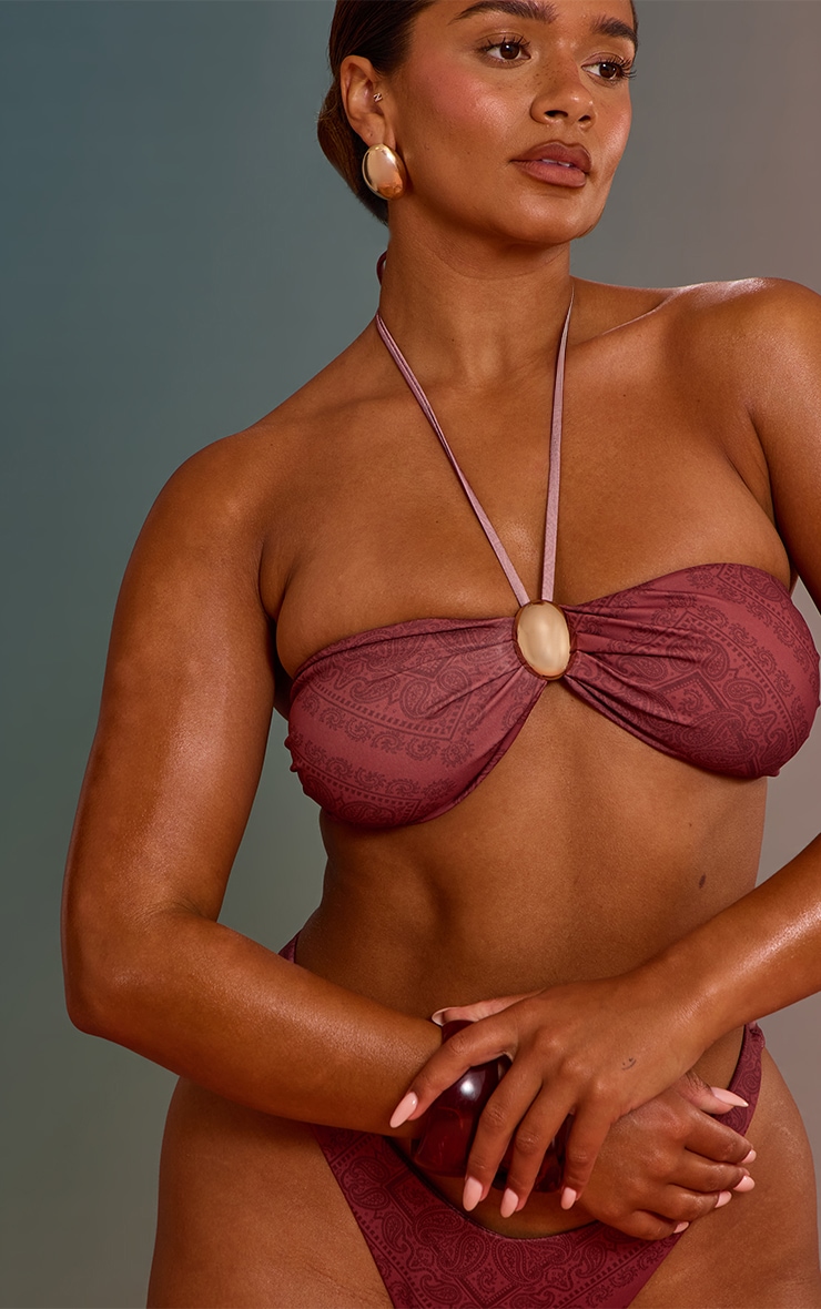 Shape Burgundy Paisely Print Gold Trim Bikini Top image 4