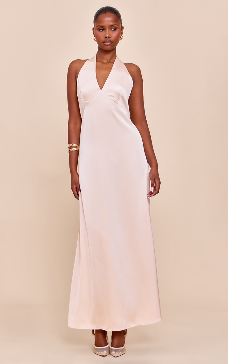 Robe longue satinée crème à col en V image 1