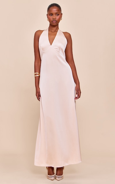 Cream Satin V Neck Maxi Dress