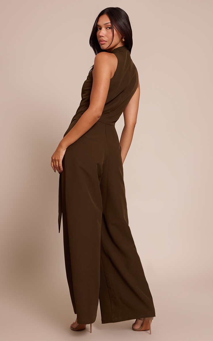 Khaki Woven Belt Trim Detail Straight Leg Jumpsuit image 2