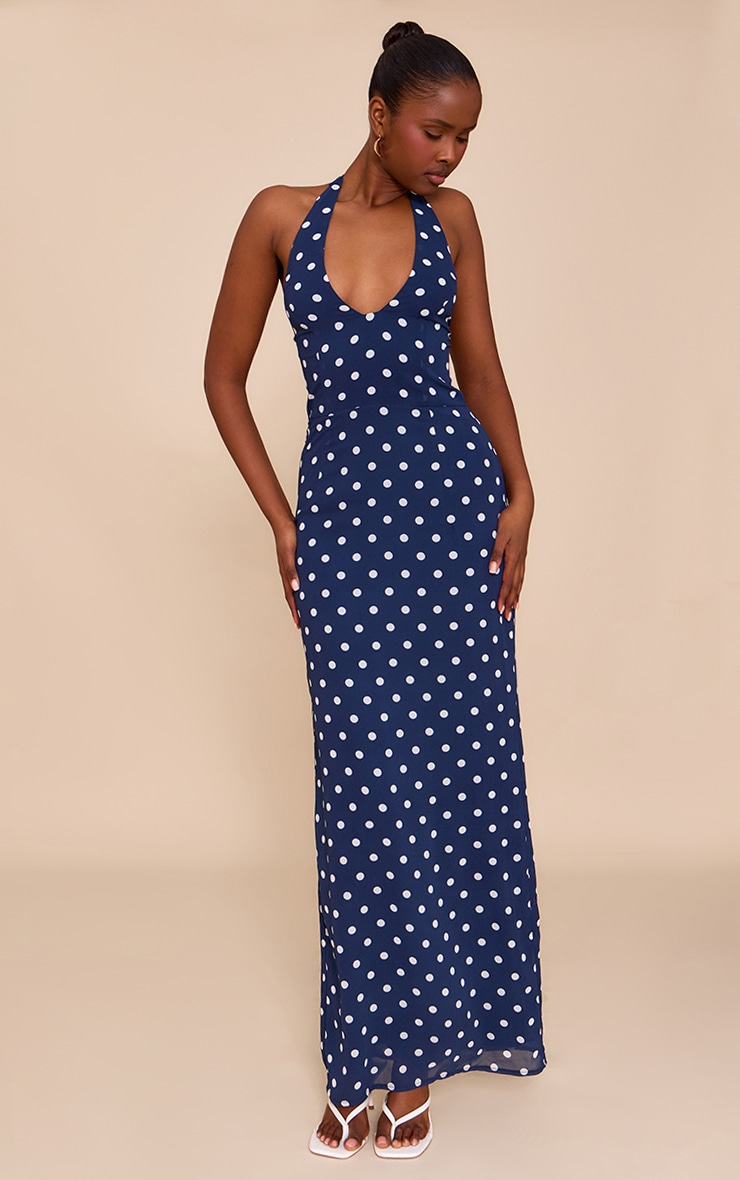 Navy And White Chiffon Polka Dot Printed Plunge Neck Maxi Dress image 3