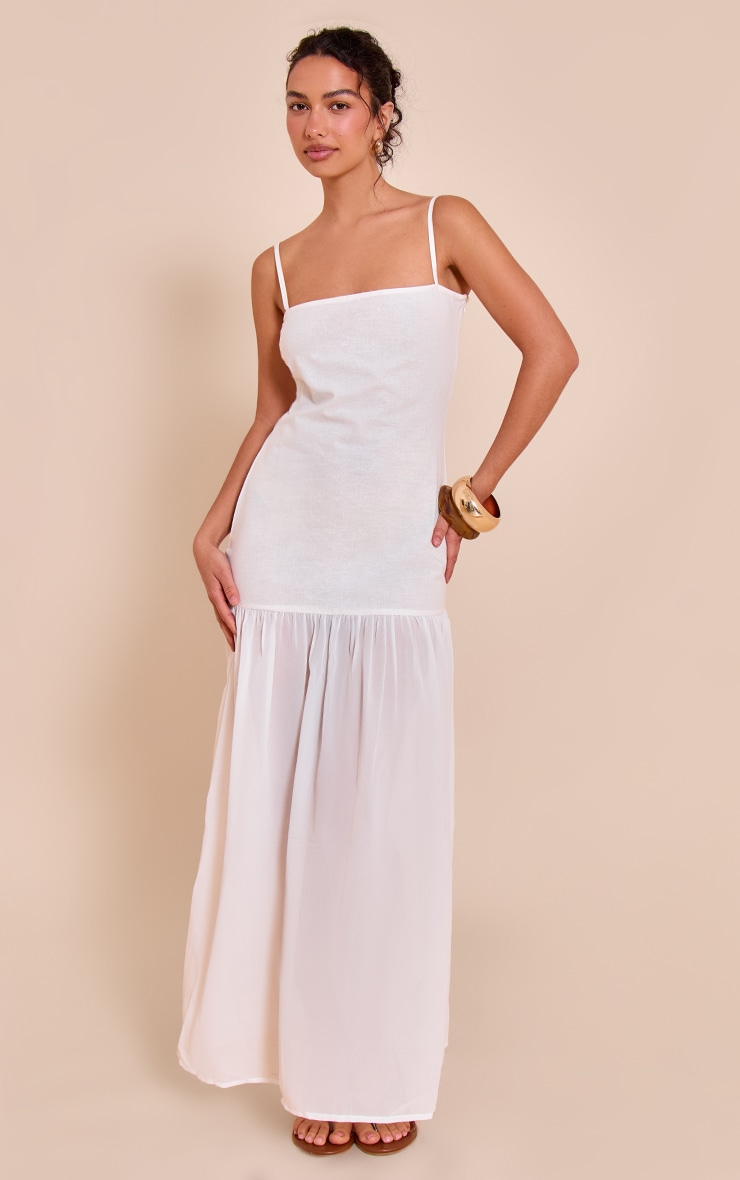 White Linen Look Strappy Dropped Waist Maxi Dress image 1