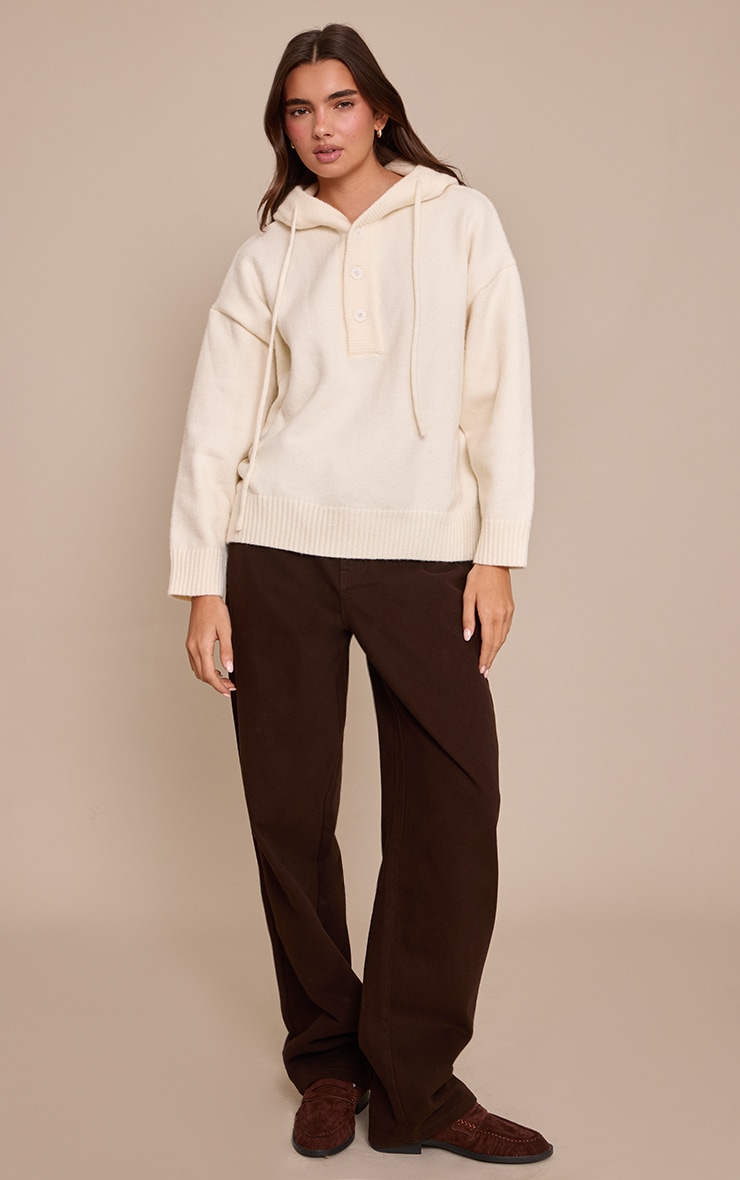 Cream Knitted Button Detail Oversized Hoodie | Knitwear