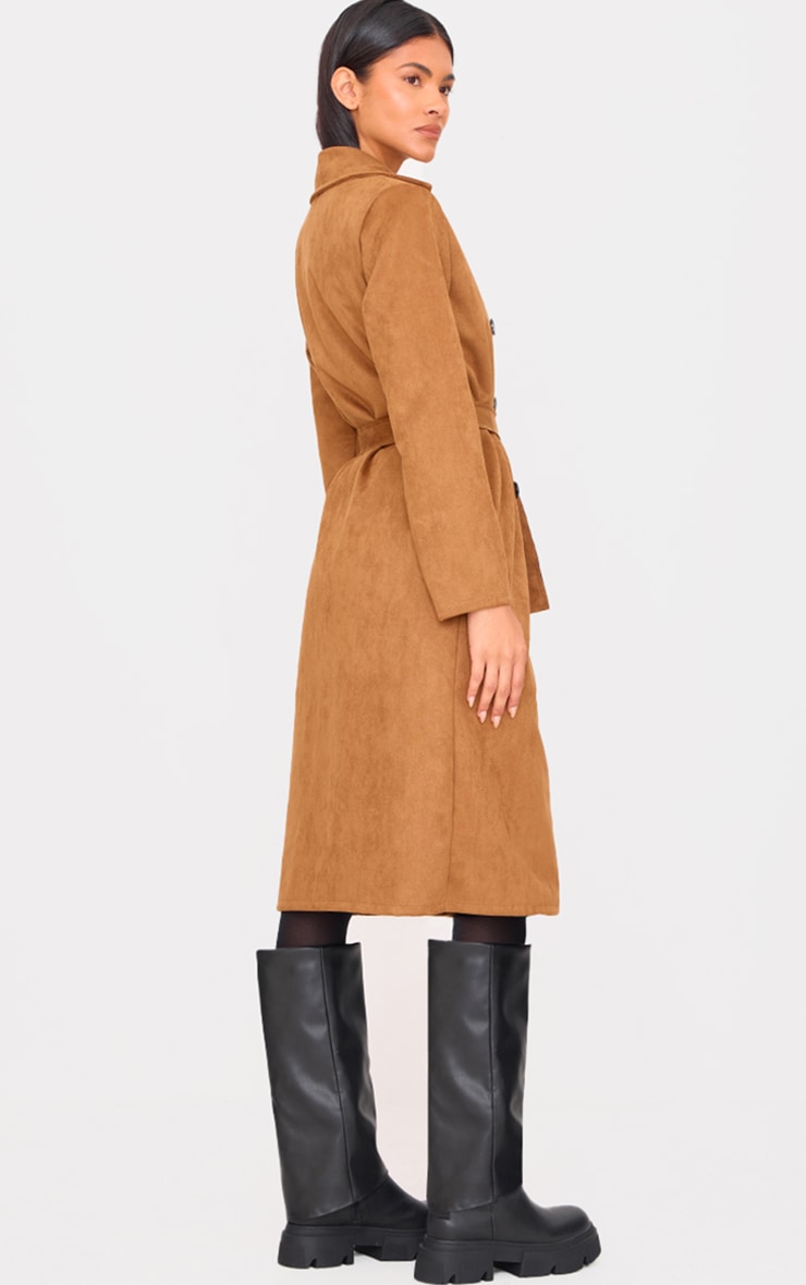 Camel Faux Suede Trench Coat image 2