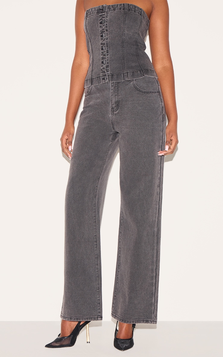 Washed Black Fabric Covered Button Mid Waist Straight Leg Jeans image 2