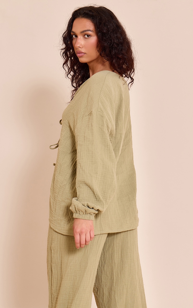Khaki Cheesecloth Textured Tie Front Shirt image 2