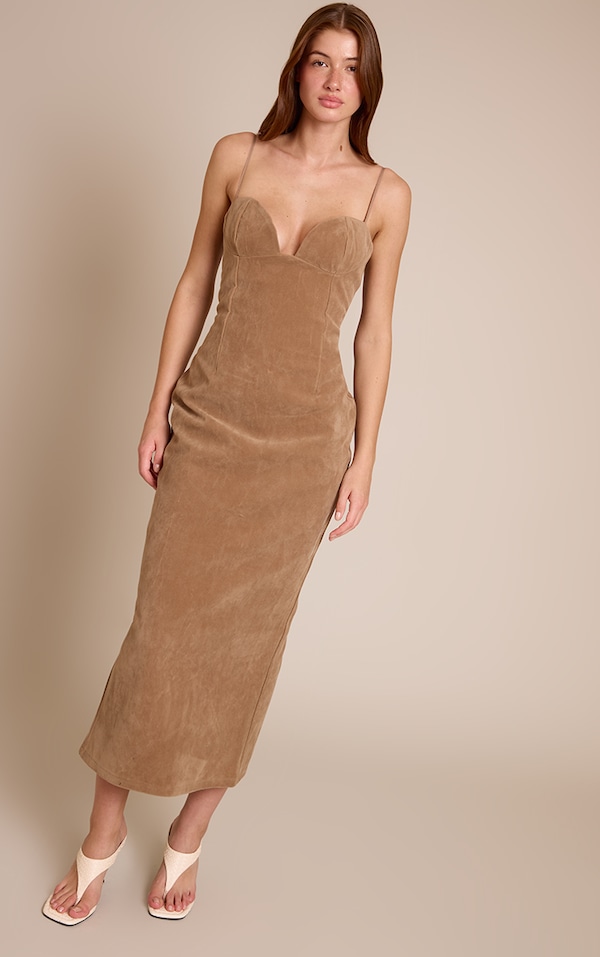 Tan Faux Suede Bodycon Maxi Dress
