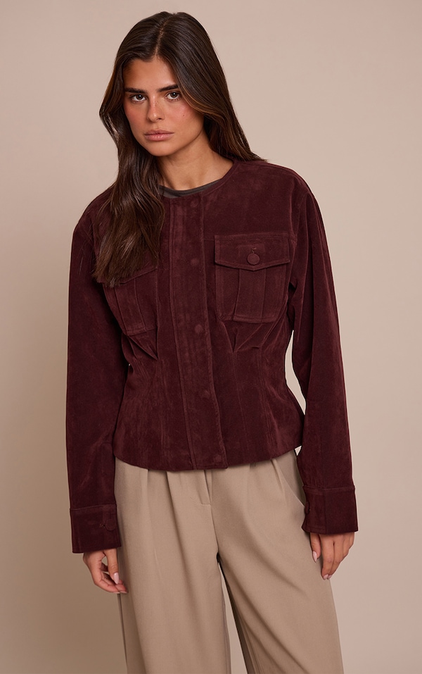 Burgundy Faux Suede Covered Button Cinch Waist Jacket