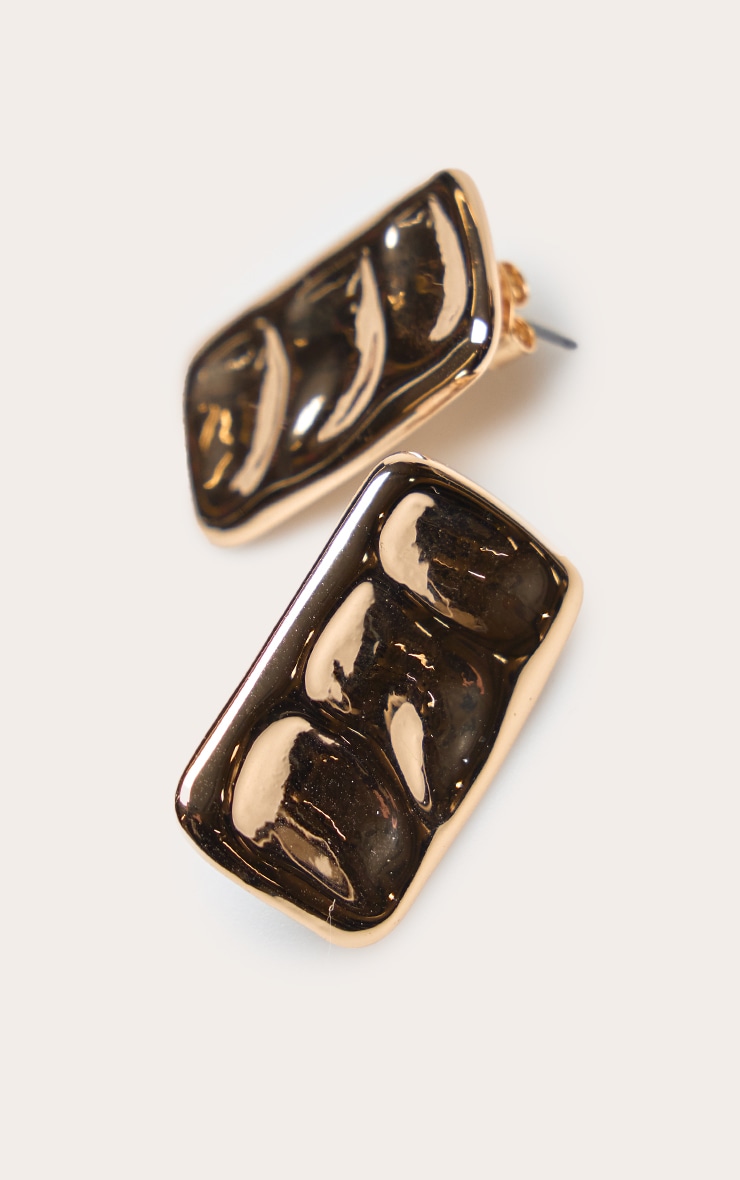 Gold Hammered Rectangular Earrings image 2