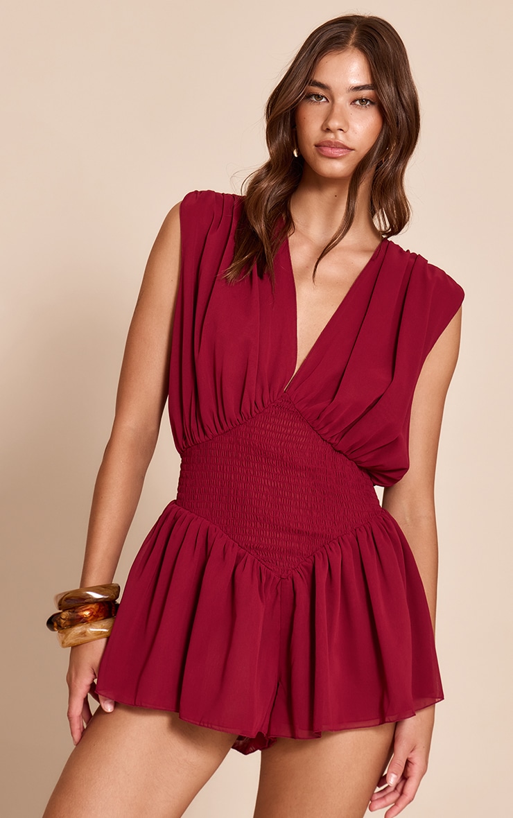 Red Chiffon V Neck Shirred Waist Frill Romper image 4
