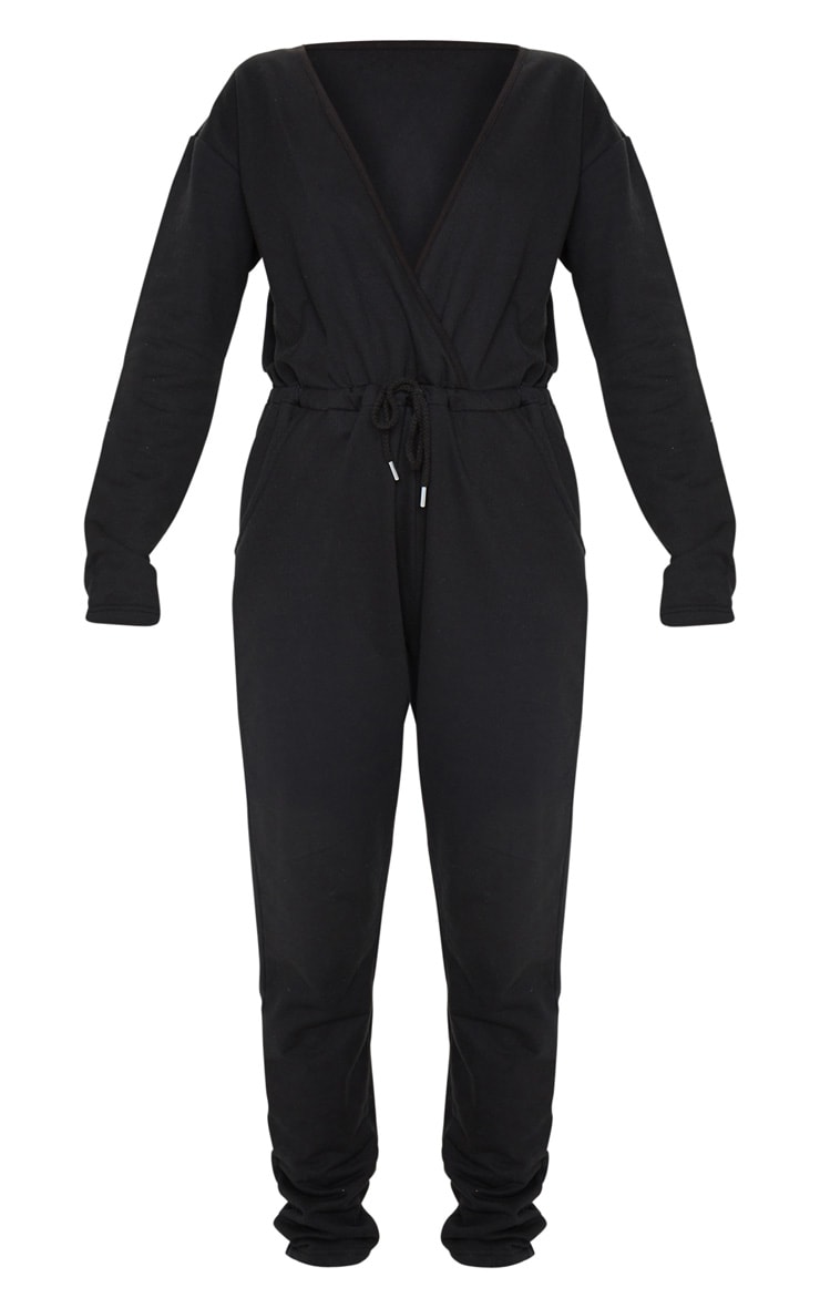 Black Wrap Over Long Sleeve Sweat Jumpsuit PrettyLittleThing USA