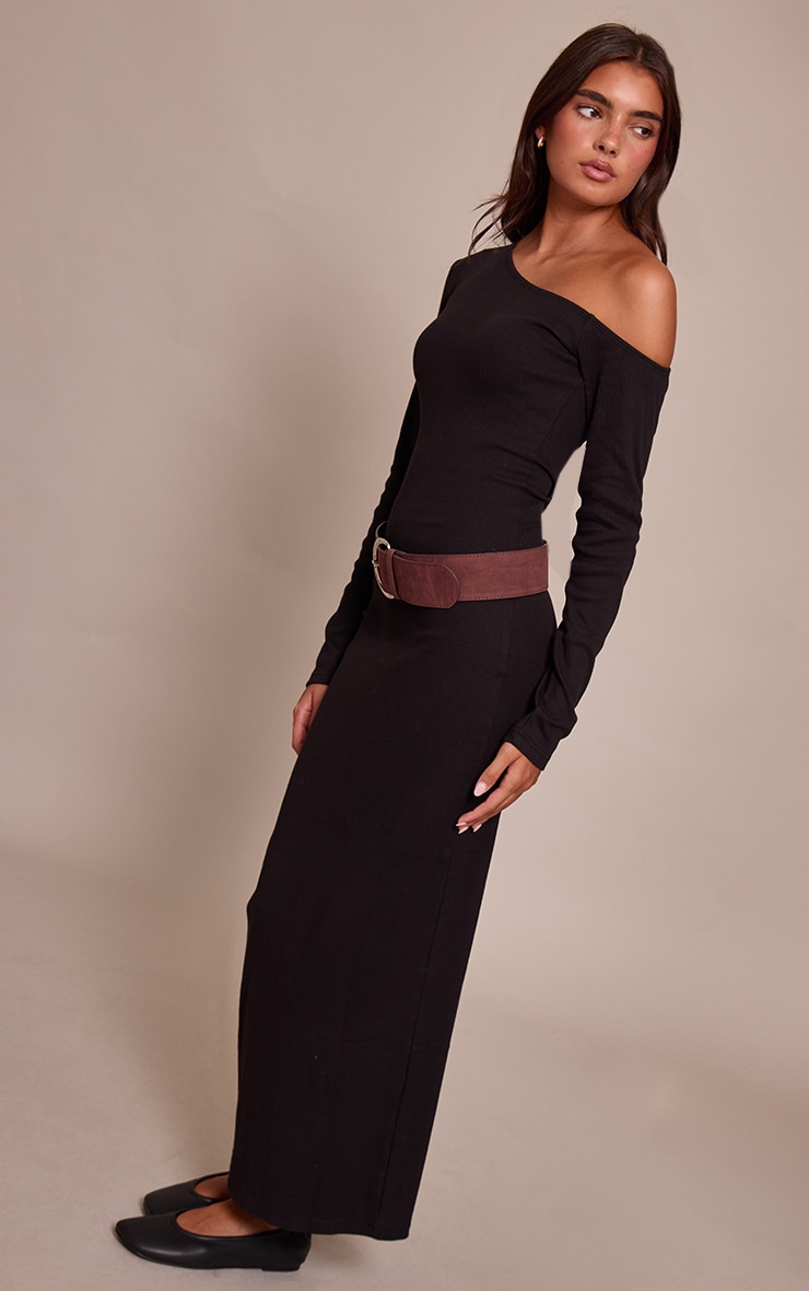 Black Ribbed Asymmetric Long Sleeve Maxi Dress image 3