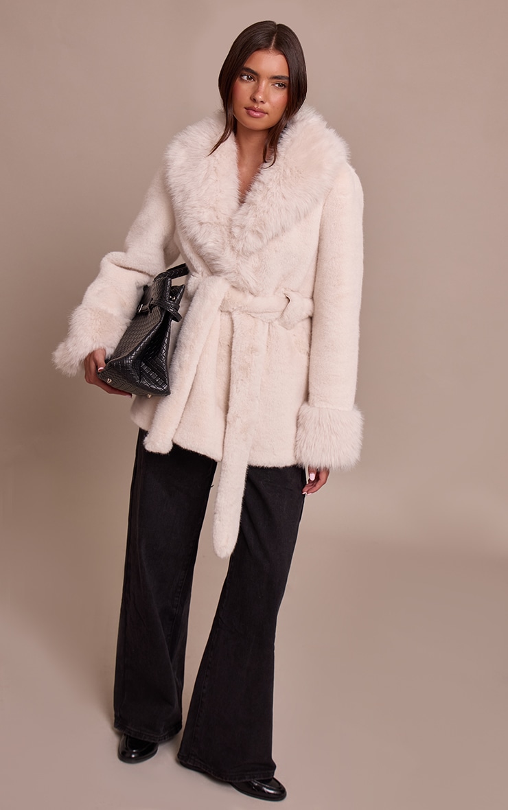 Cream Plush Faux Fur Self Tie Coat image 3